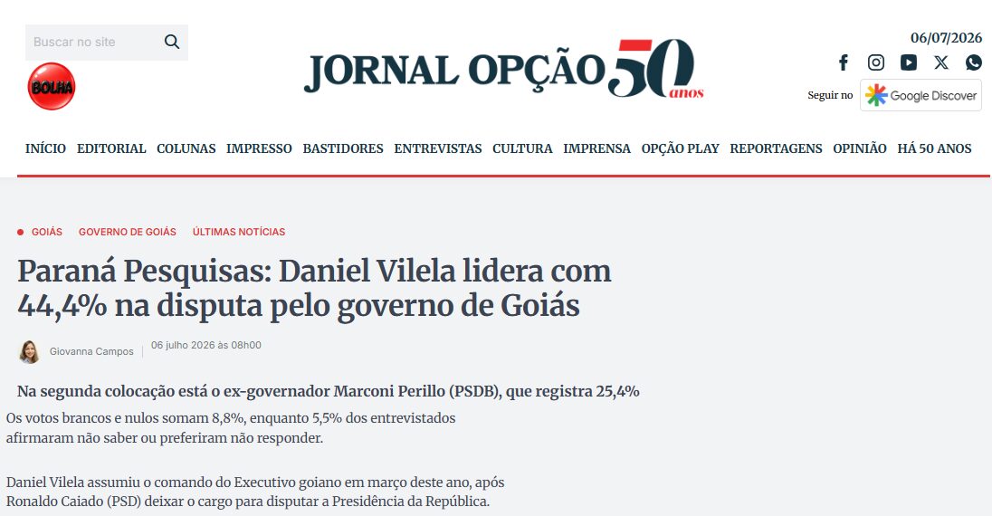 Jornal Opção cita pesquisa realizada para Paraná Pesquisas no Estado de Goiás.