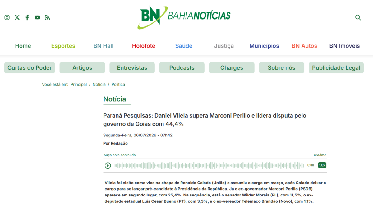 Bahia Notícias cita pesquisa realizada para Paraná Pesquisas no Estado de Goiás.