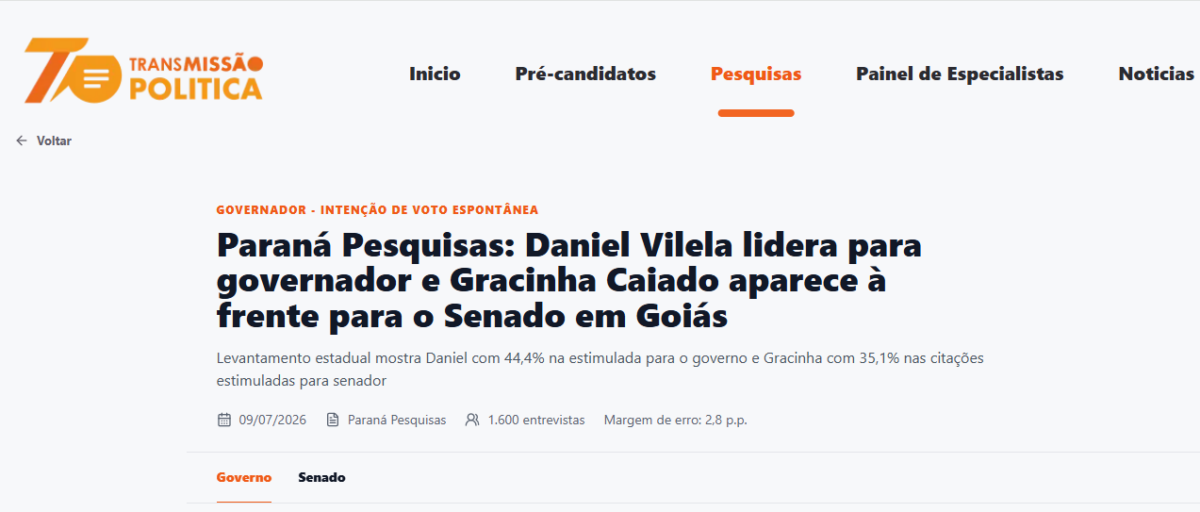 Transmissão Política cita pesquisa realizada para Paraná Pesquisas no Estado de Goiás.