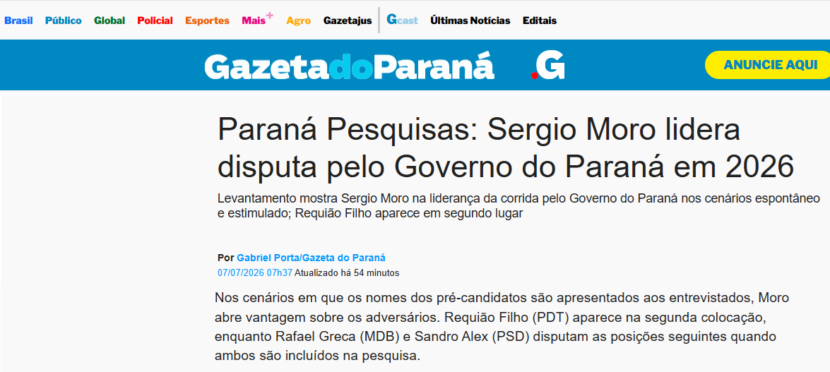 Gazeta do Paraná cita pesquisa realizada para Paraná Pesquisas no Estado do Paraná.