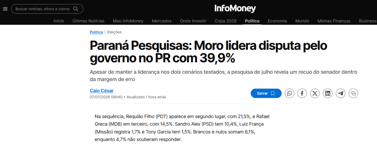 InfoMoney cita pesquisa realizada para Paraná Pesquisas no Estado do Paraná.