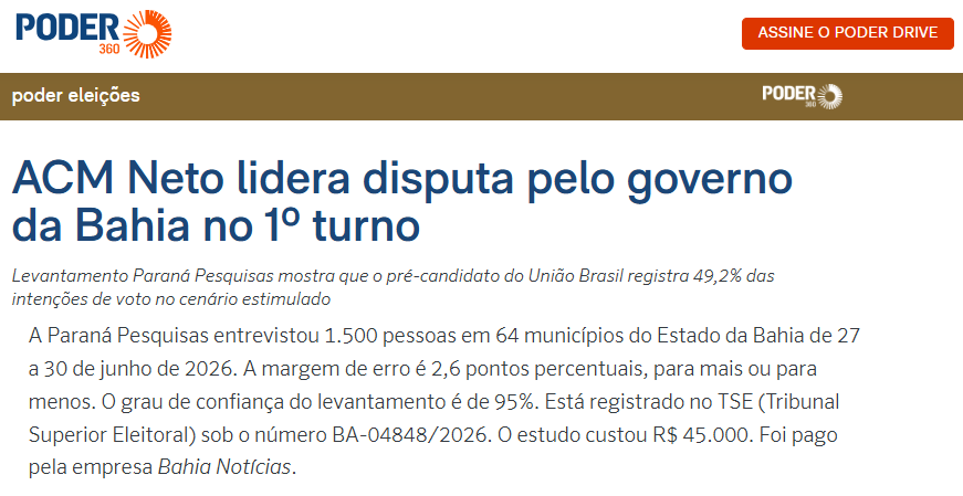 Poder 360 cita pesquisa realizada para Paraná Pesquisas no Estado da Bahia.