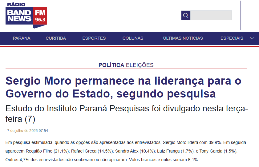 Rádio Band News cita pesquisa realizada para Paraná Pesquisas no Estado do Paraná.