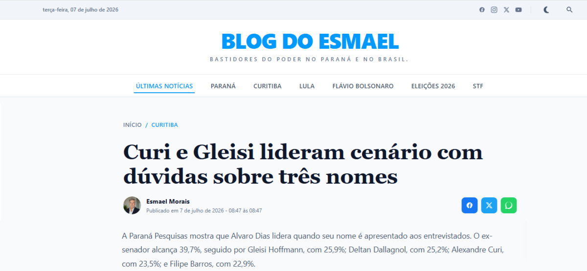 Blog do Esmael cita pesquisa realizada para Paraná Pesquisas no Estado do Paraná.