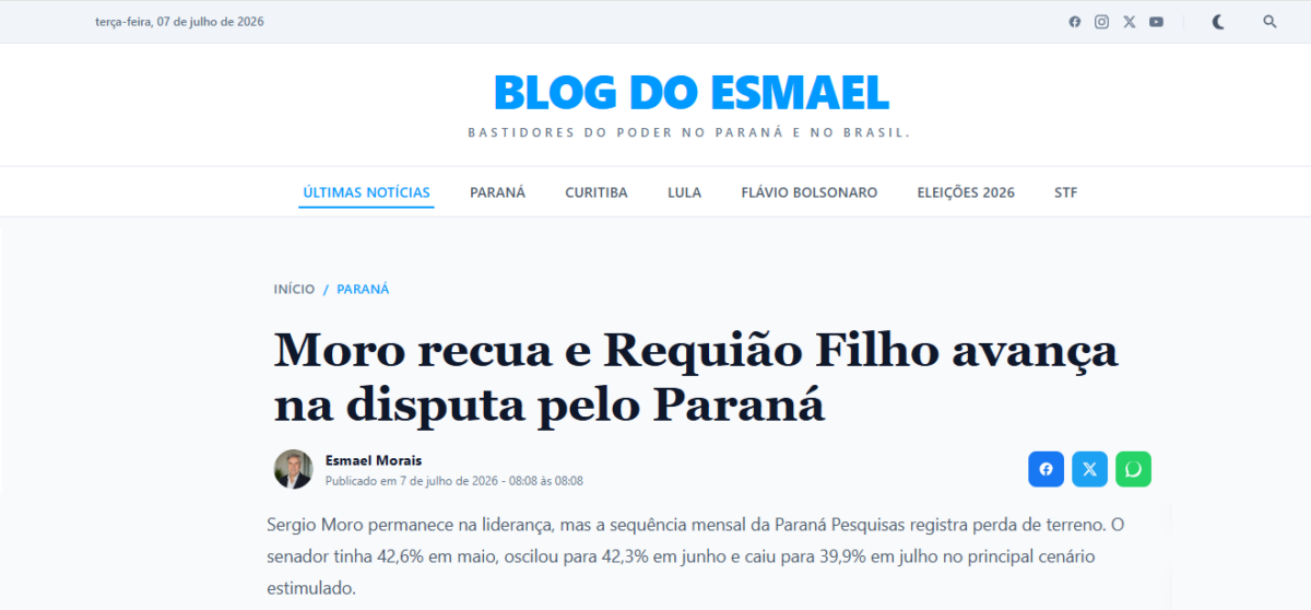 Blog do Esmael cita pesquisa realizada para Paraná Pesquisas no Estado do Paraná.