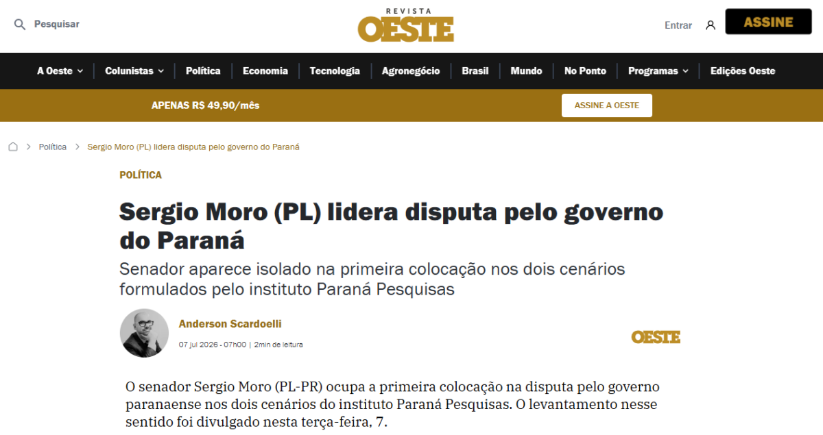 Revista Oeste cita pesquisa realizada para Paraná Pesquisas no Estado do Paraná.
