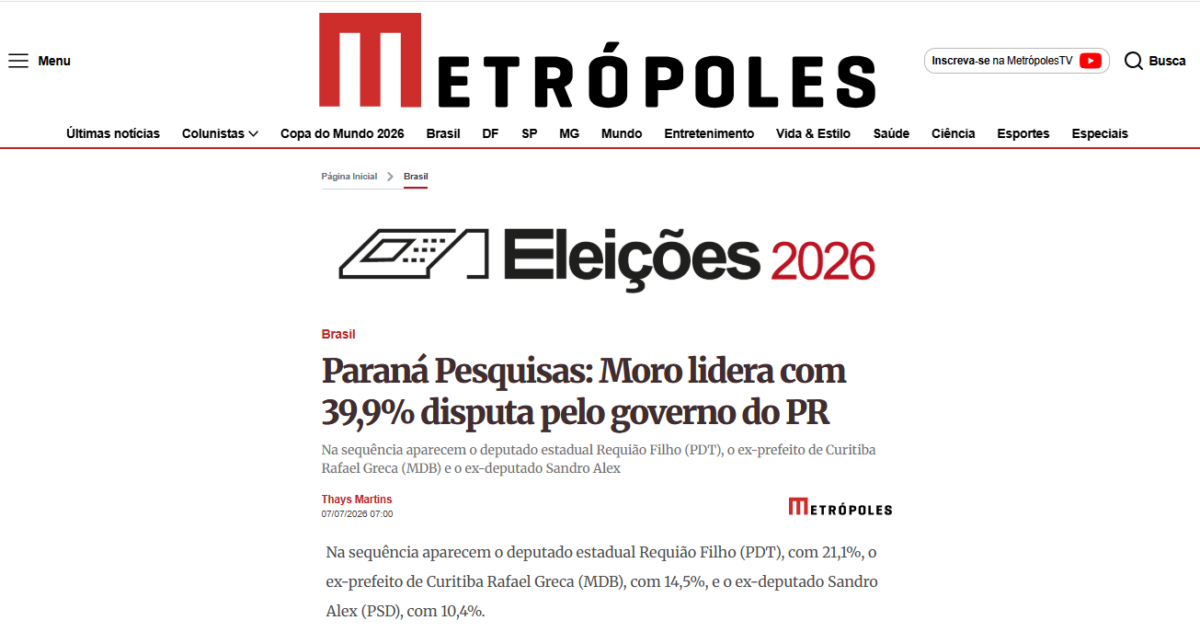 Metrópoles cita pesquisa realizada para Paraná Pesquisas no Estado do Paraná. 2 Metrópoles cita pesquisa realizada para Paraná Pesquisas no Estado do Paraná.