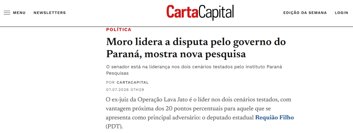 Carta Capital cita pesquisa realizada para Paraná Pesquisas no Estado do Paraná.