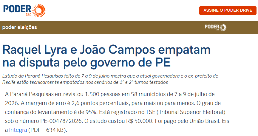 Poder 360 cita pesquisa realizada para Paraná Pesquisas no Estado de Pernambuco.