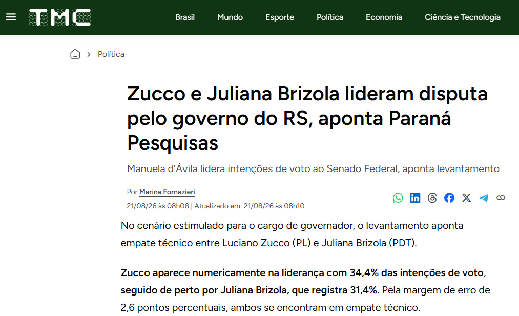 TMC cita pesquisa realizada para Paraná Pesquisas no Estado do Rio Grande do Sul.