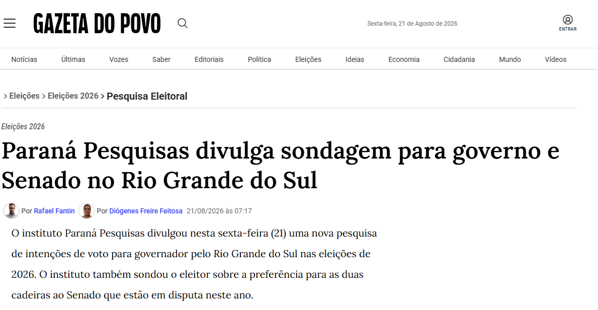 Gazeta do Povo cita pesquisa realizada para Paraná Pesquisas no Estado do Rio Grande do Sul.
