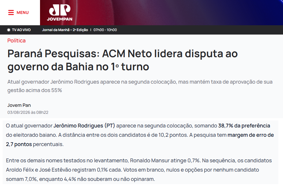 Jovem Pan cita pesquisa realizada para Paraná Pesquisas no Estado da Bahia. 2 Jovem Pan cita pesquisa realizada para Paraná Pesquisas no Estado da Bahia.