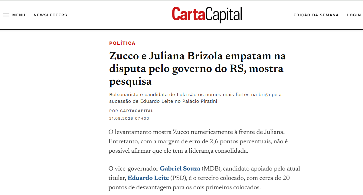 Carta Capital cita pesquisa realizada para Paraná Pesquisas no Estado do Rio Grande do Sul.