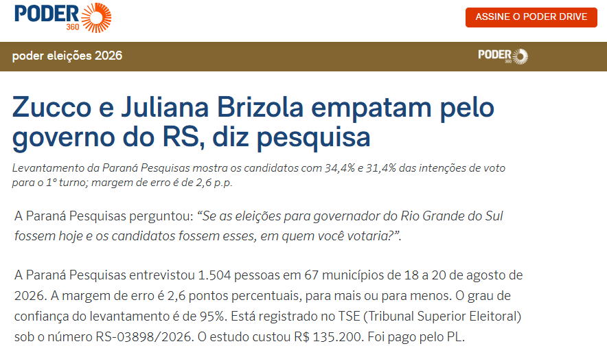 Poder 360 cita pesquisa realizada para Paraná Pesquisas no Estado do Rio Grande do Sul.