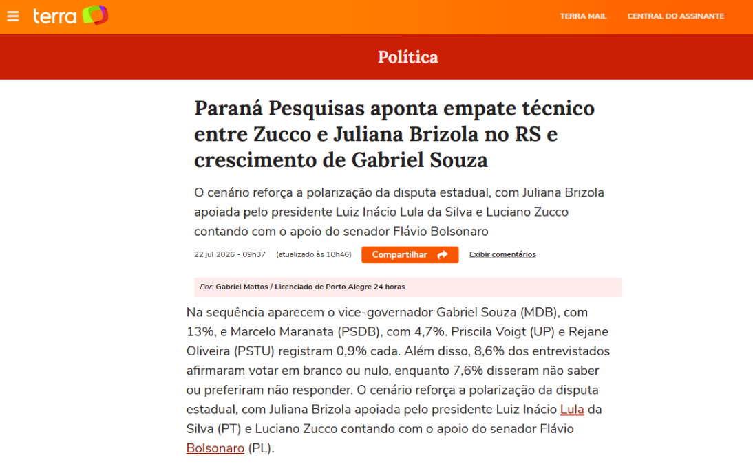 Portal Terra cita pesquisa realizada para Paraná Pesquisas no Estado do Rio Grande do Sul.