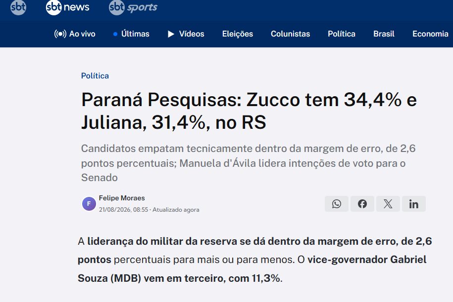SBT News cita pesquisa realizada para Paraná Pesquisas no Estado do Rio Grande do Sul.