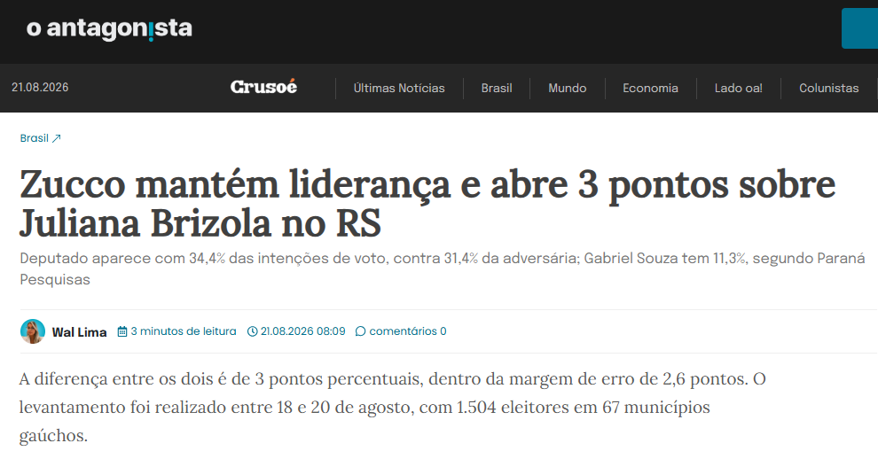 O Antagonista cita pesquisa realizada para Paraná Pesquisas no Estado do Rio Grande do Sul.