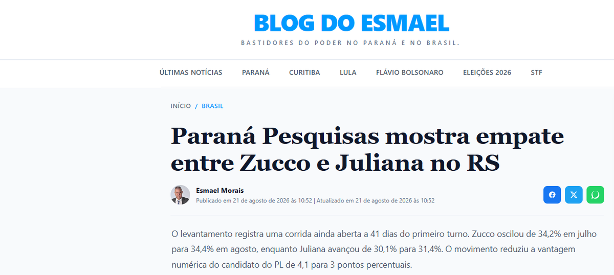 Blog do Esmael cita pesquisa realizada para Paraná Pesquisas no Estado do Rio Grande do Sul.