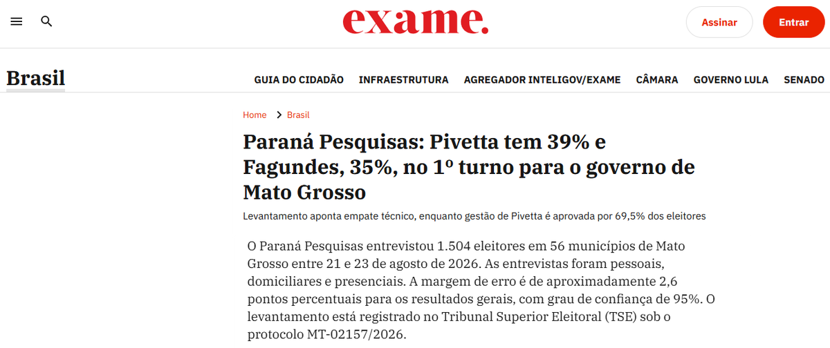 Exame cita pesquisa realizada para Paraná Pesquisas no Estado de Mato Grosso.