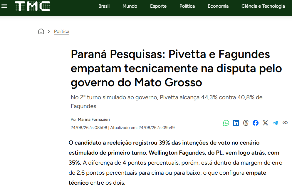 TMC cita pesquisa realizada para Paraná Pesquisas no Estado de Mato Grosso.