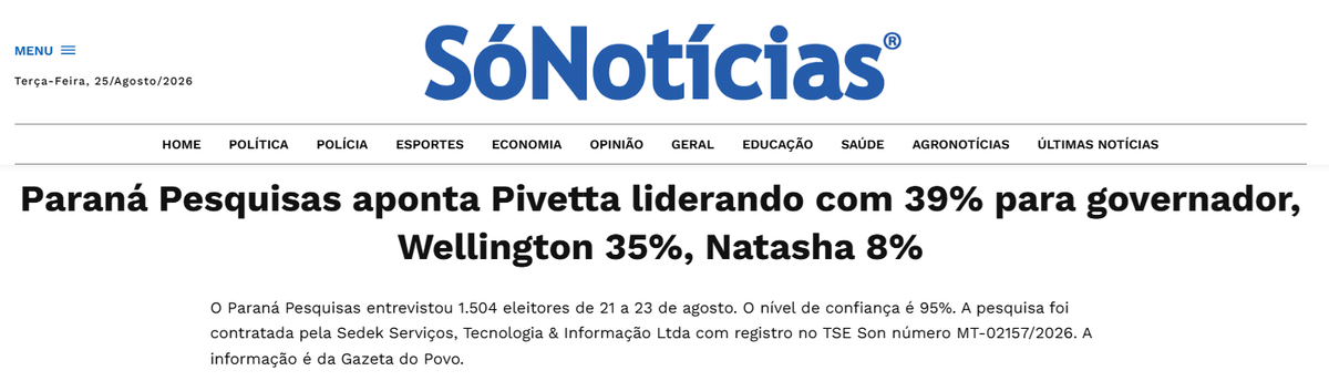 Só Notícias cita pesquisa realizada para Paraná Pesquisas no Estado de Mato Grosso.