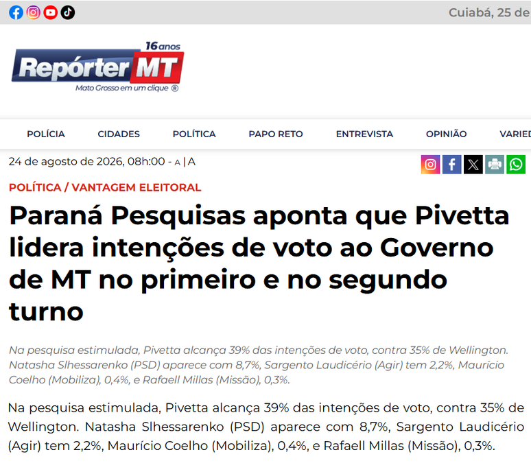 Repórter MT cita pesquisa realizada para Paraná Pesquisas no Estado de Mato Grosso.
