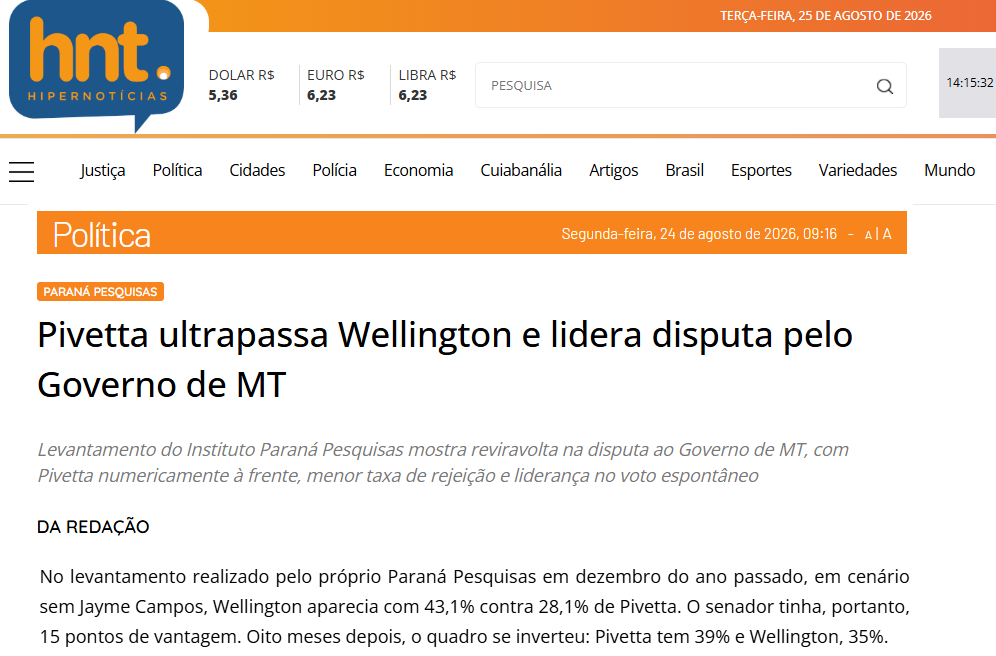 HNT cita pesquisa realizada para Paraná Pesquisas no Estado de Mato Grosso.