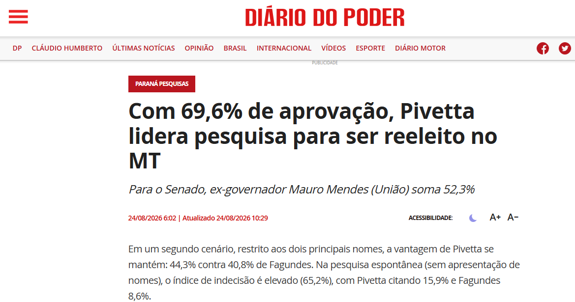 Diário do Poder cita pesquisa realizada para Paraná Pesquisas no Estado de Mato Grosso.