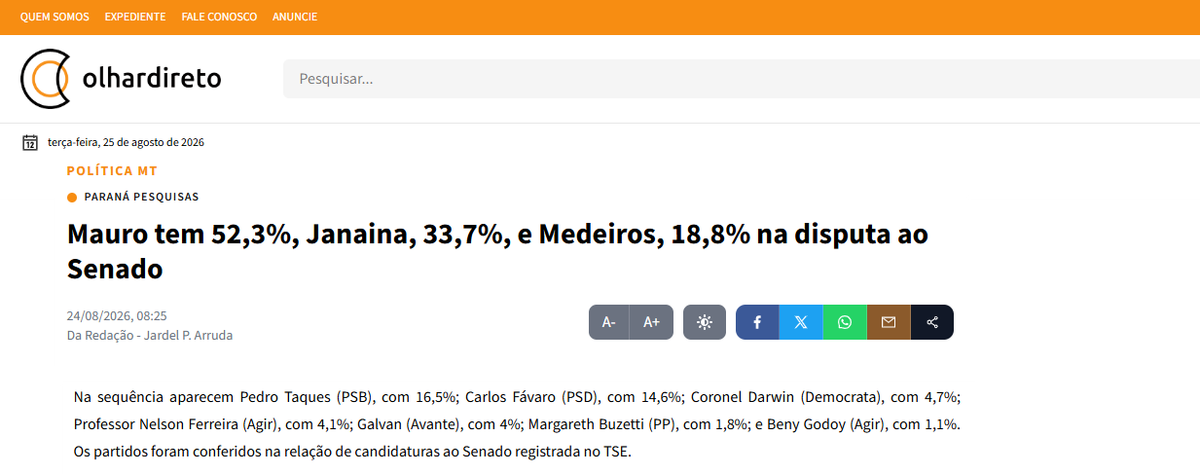 Olhar Direto cita pesquisa realizada para Paraná Pesquisas no Estado de Mato Grosso.