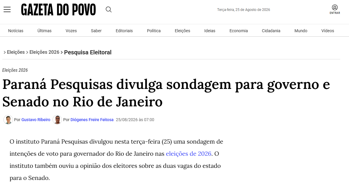 Gazeta do Povo cita pesquisa realizada para Paraná Pesquisas no Estado do Rio de Janeiro.