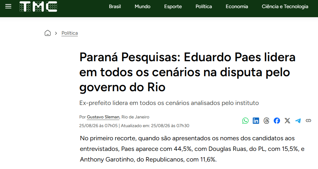 TMC cita pesquisa realizada para Paraná Pesquisas no Estado do Rio de Janeiro.
