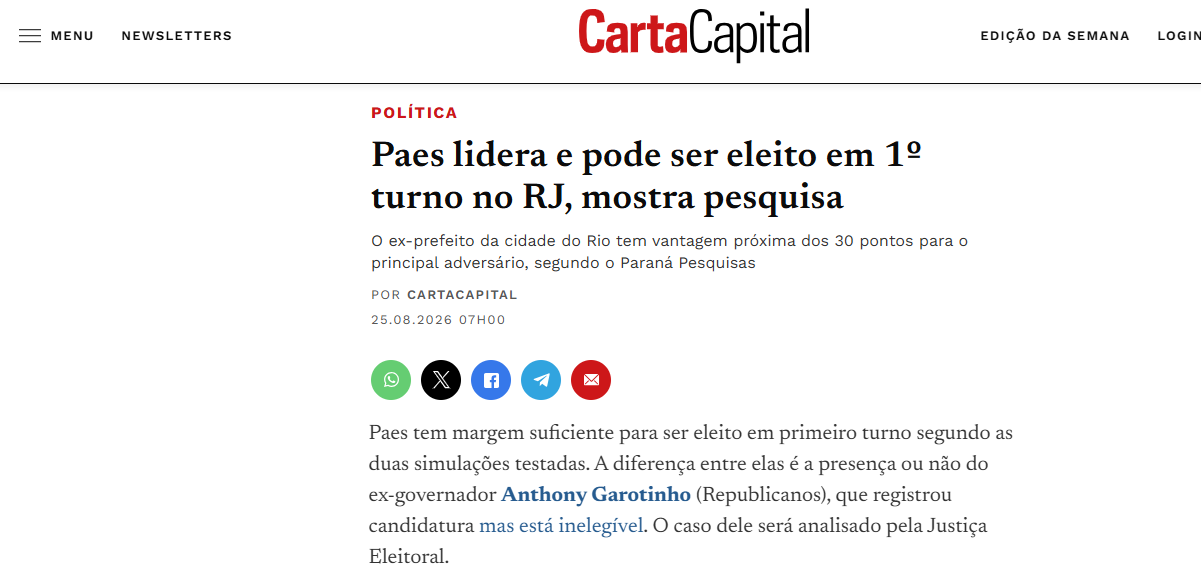 Carta Capital cita pesquisa realizada para Paraná Pesquisas no Estado do Rio de Janeiro.