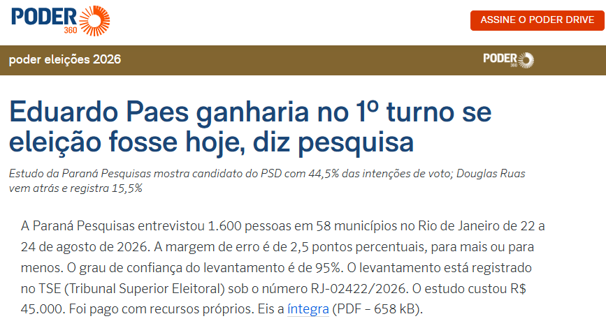 Poder 360 cita pesquisa realizada para Paraná Pesquisas no Estado do Rio de Janeiro. 2 Poder 360 cita pesquisa realizada para Paraná Pesquisas no Estado do Rio de Janeiro.