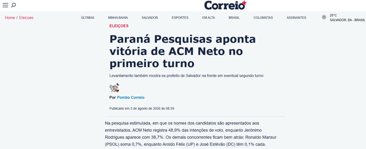 Correio 24 Horas cita pesquisa realizada para Paraná Pesquisas no Estado da Bahia. 2 Correio 24 Horas cita pesquisa realizada para Paraná Pesquisas no Estado da Bahia.