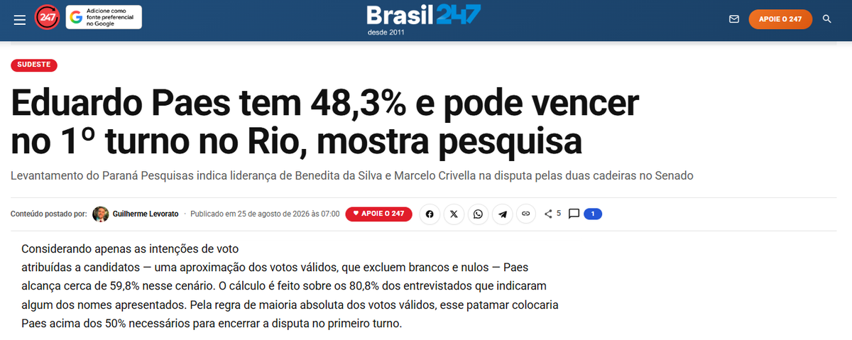 Brasil 247 cita pesquisa realizada para Paraná Pesquisas no Estado do Rio de Janeiro.