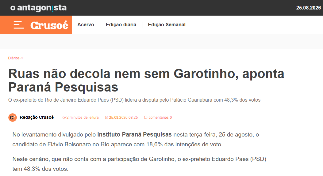 Crusoé cita pesquisa realizada para Paraná Pesquisas no Estado do Rio de Janeiro.
