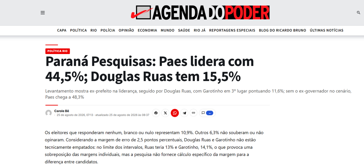 Agenda do Poder cita pesquisa realizada para Paraná Pesquisas no Estado do Rio de Janeiro.