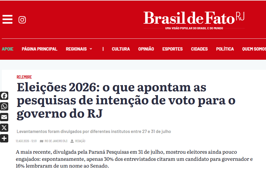 Brasil de Fato cita pesquisa realizada para Paraná Pesquisas no Estado do Rio de Janeiro.