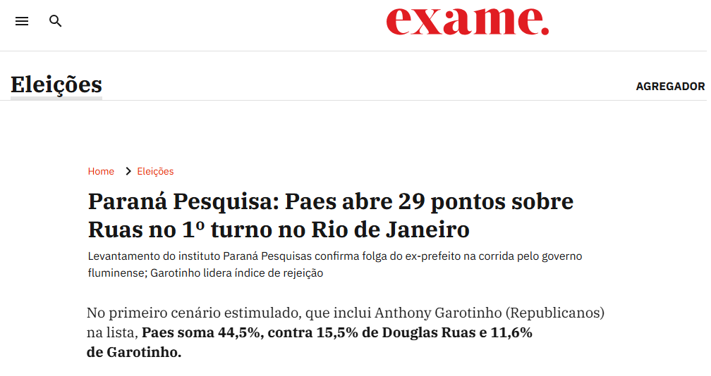 Exame cita pesquisa realizada para Paraná Pesquisas no Estado do Rio de Janeiro.