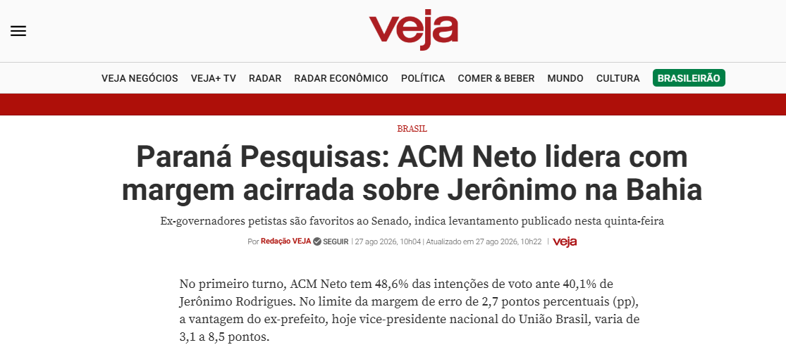 Veja cita pesquisa realizada para Paraná Pesquisas no Estado da Bahia. 2 Veja cita pesquisa realizada para Paraná Pesquisas no Estado da Bahia.