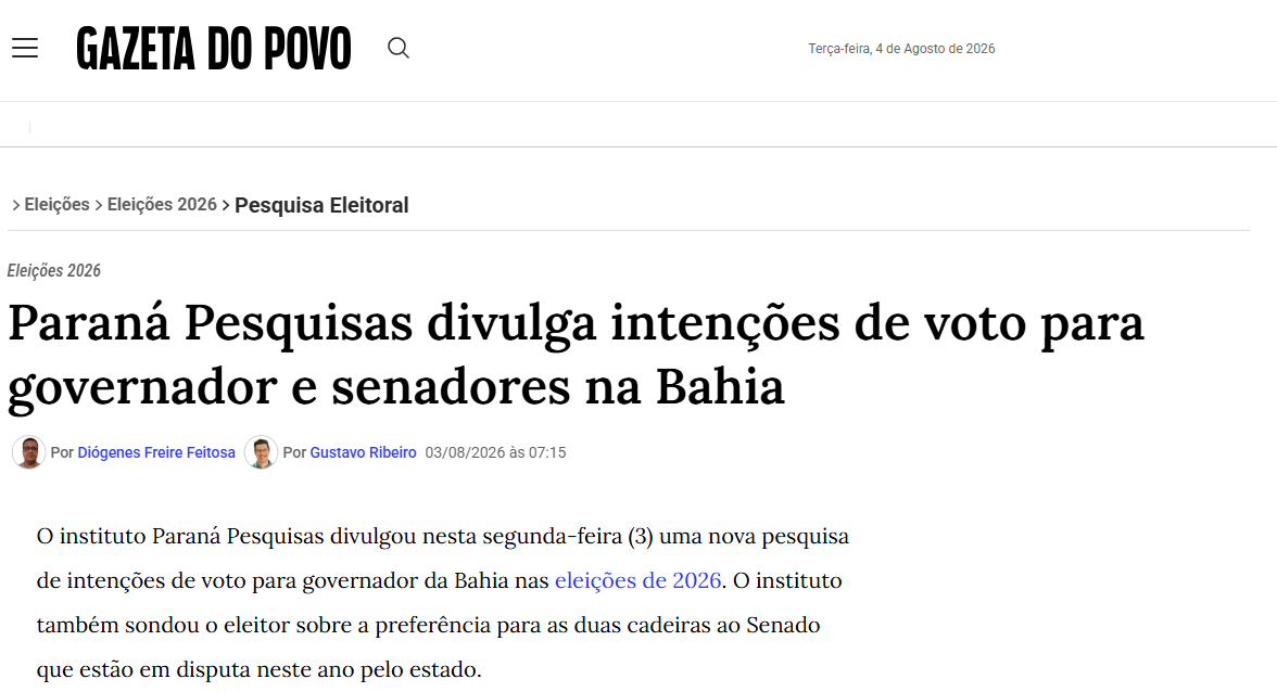 Gazeta do Povo cita pesquisa realizada para Paraná Pesquisas no Estado da Bahia. 2 Gazeta do Povo cita pesquisa realizada para Paraná Pesquisas no Estado da Bahia.
