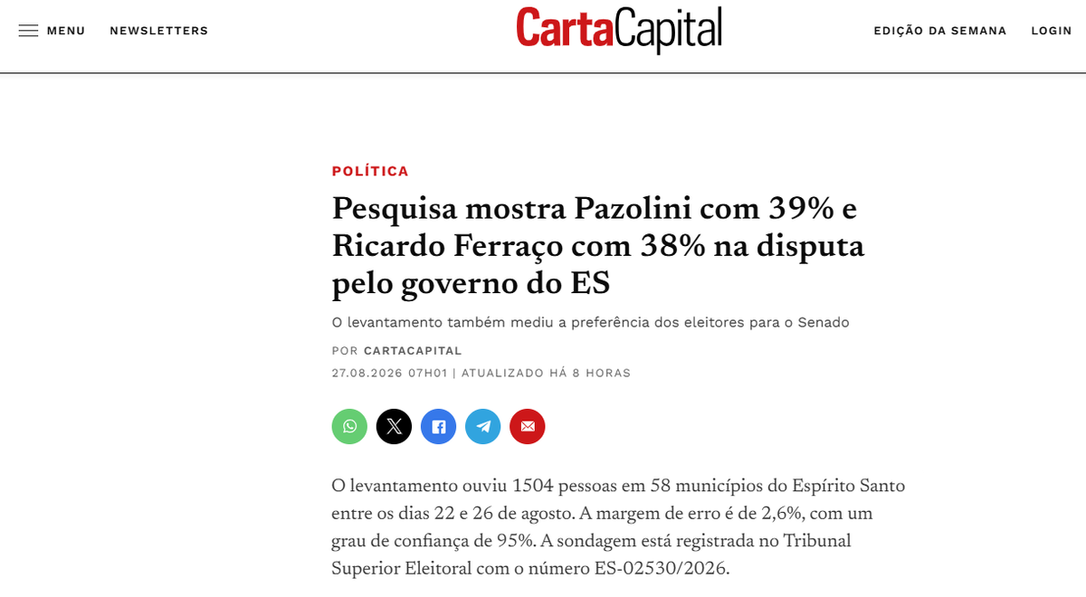 Carta Capital cita pesquisa realizada para Paraná Pesquisas no Estado do Espírito Santo.