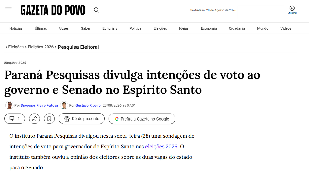 Gazeta do Povo cita pesquisa realizada para Paraná Pesquisas no Estado do Espírito Santo. 2 Gazeta do Povo cita pesquisa realizada para Paraná Pesquisas no Estado do Espírito Santo.