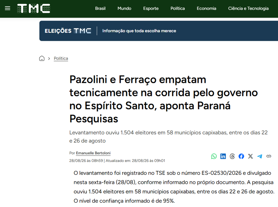 TMC cita pesquisa realizada para Paraná Pesquisas no Estado do Espírito Santo. 2 TMC cita pesquisa realizada para Paraná Pesquisas no Estado do Espírito Santo.