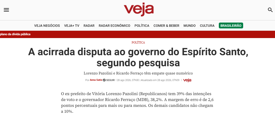 Veja cita pesquisa realizada para Paraná Pesquisas no Estado do Espírito Santo. 2 Veja cita pesquisa realizada para Paraná Pesquisas no Estado do Espírito Santo.