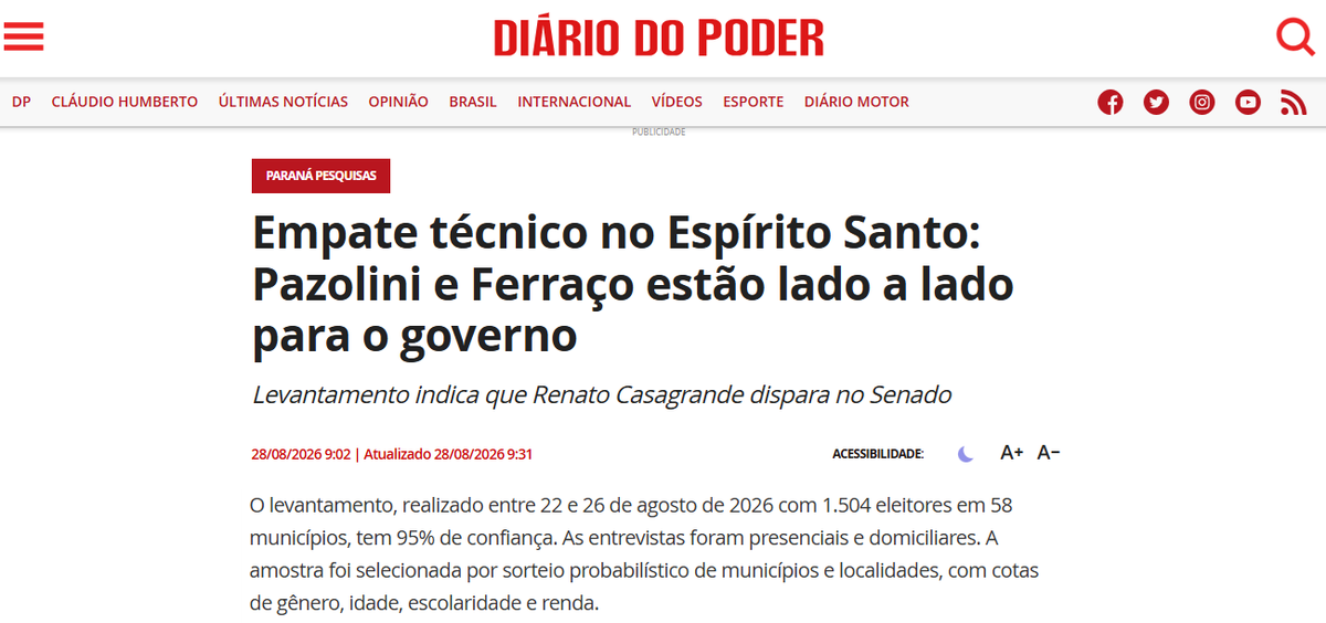 Diário do Poder cita pesquisa realizada para Paraná Pesquisas no Estado do Espírito Santo. 2 Diário do Poder cita pesquisa realizada para Paraná Pesquisas no Estado do Espírito Santo.