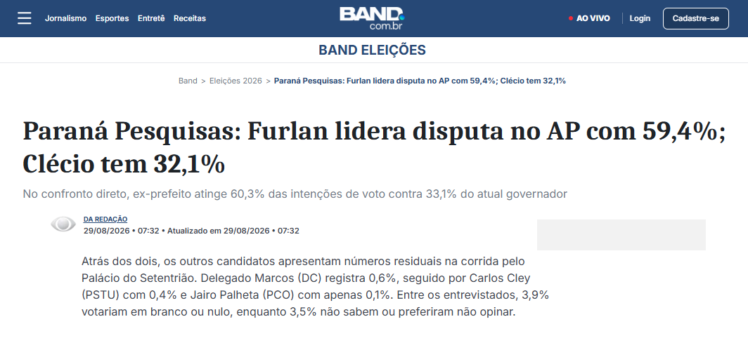 Band cita pesquisa realizada para Paraná Pesquisas no Estado do Amapá.