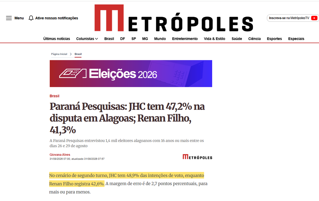 Metrópoles cita pesquisa realizada para Paraná Pesquisas no Estado de Alagoas.