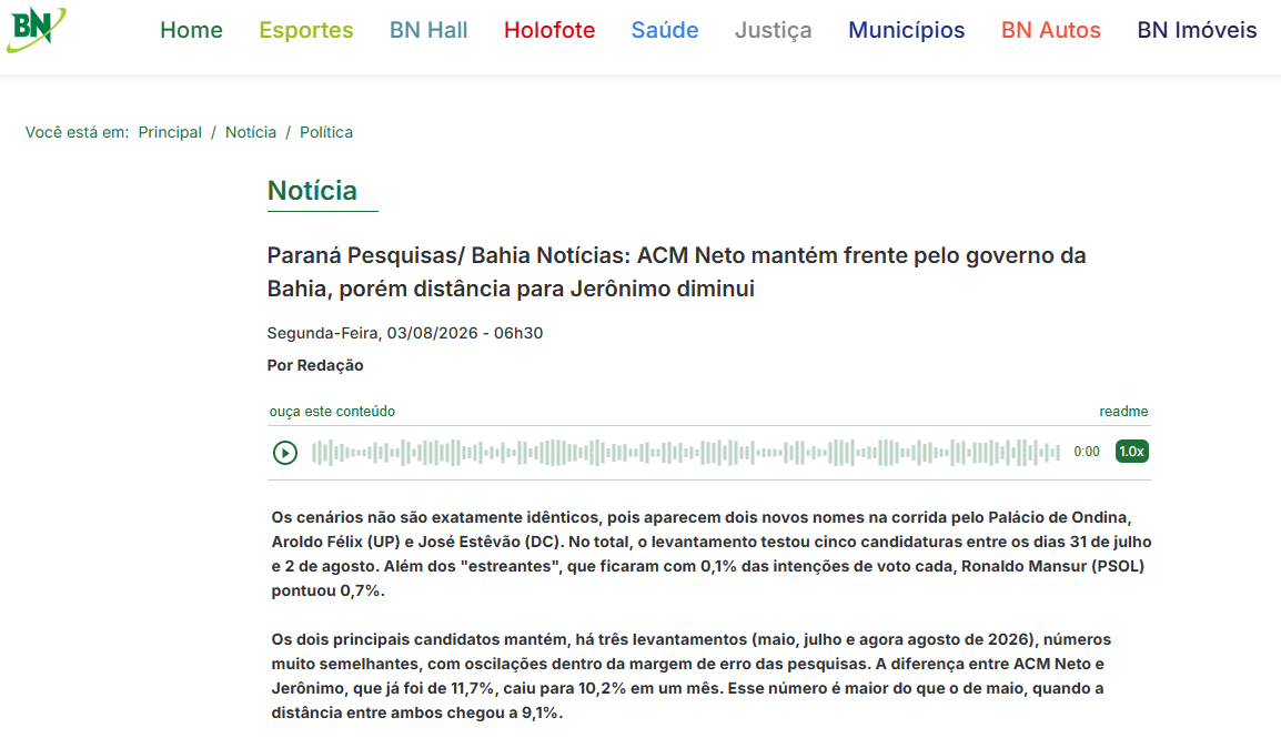 Bahia Notícias cita pesquisa realizada para Paraná Pesquisas no Estado da Bahia. 2 Bahia Notícias cita pesquisa realizada para Paraná Pesquisas no Estado da Bahia.