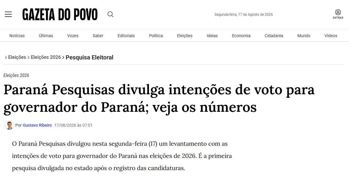 Gazeta do Povo cita pesquisa realizada para Paraná Pesquisas no Estado do Paraná.